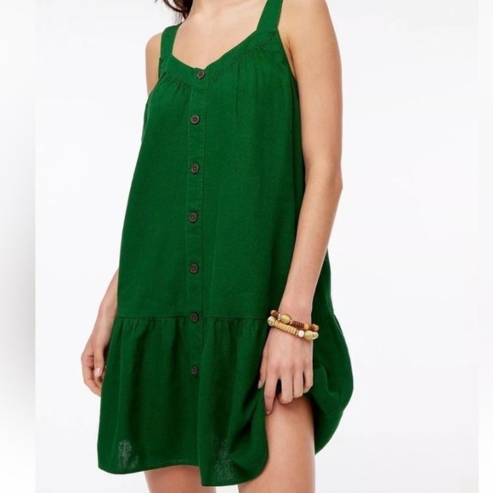 J.Crew Factory Green Linen Blend Button Front Mini Dress Size 8 Pockets Casual